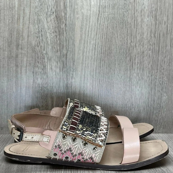 ZARA Basic Sandals Size 40 US 9.5 Boho Sequin Embellished Slingback Flats Pink - Picture 2 of 11